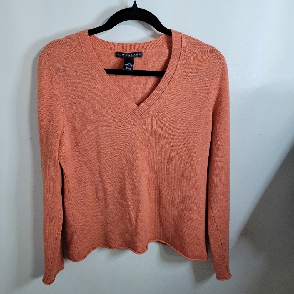 Elena Solano 100% 2 Ply Orange Cashmere V-neck Sweater, Size L